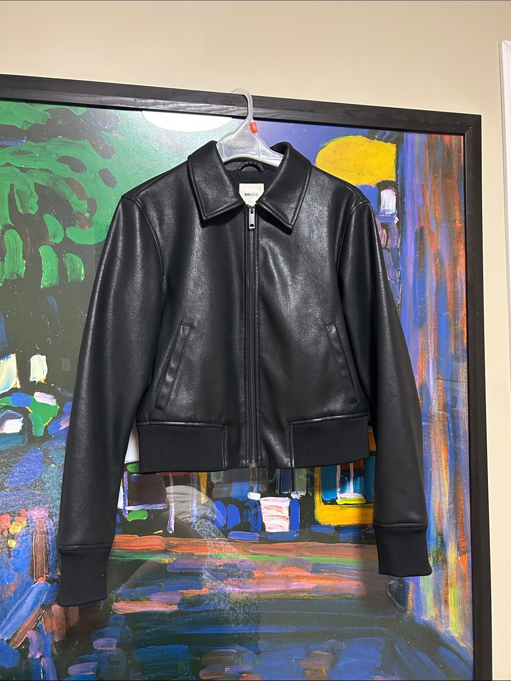 RW&CO Black Faux Leather Bomber Jacket with Ribbed Hem